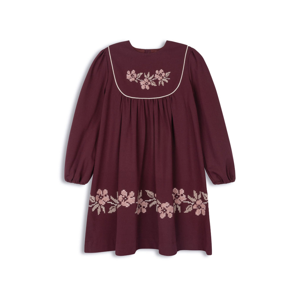 Wine Floral Print Cotton Embroidered Dress