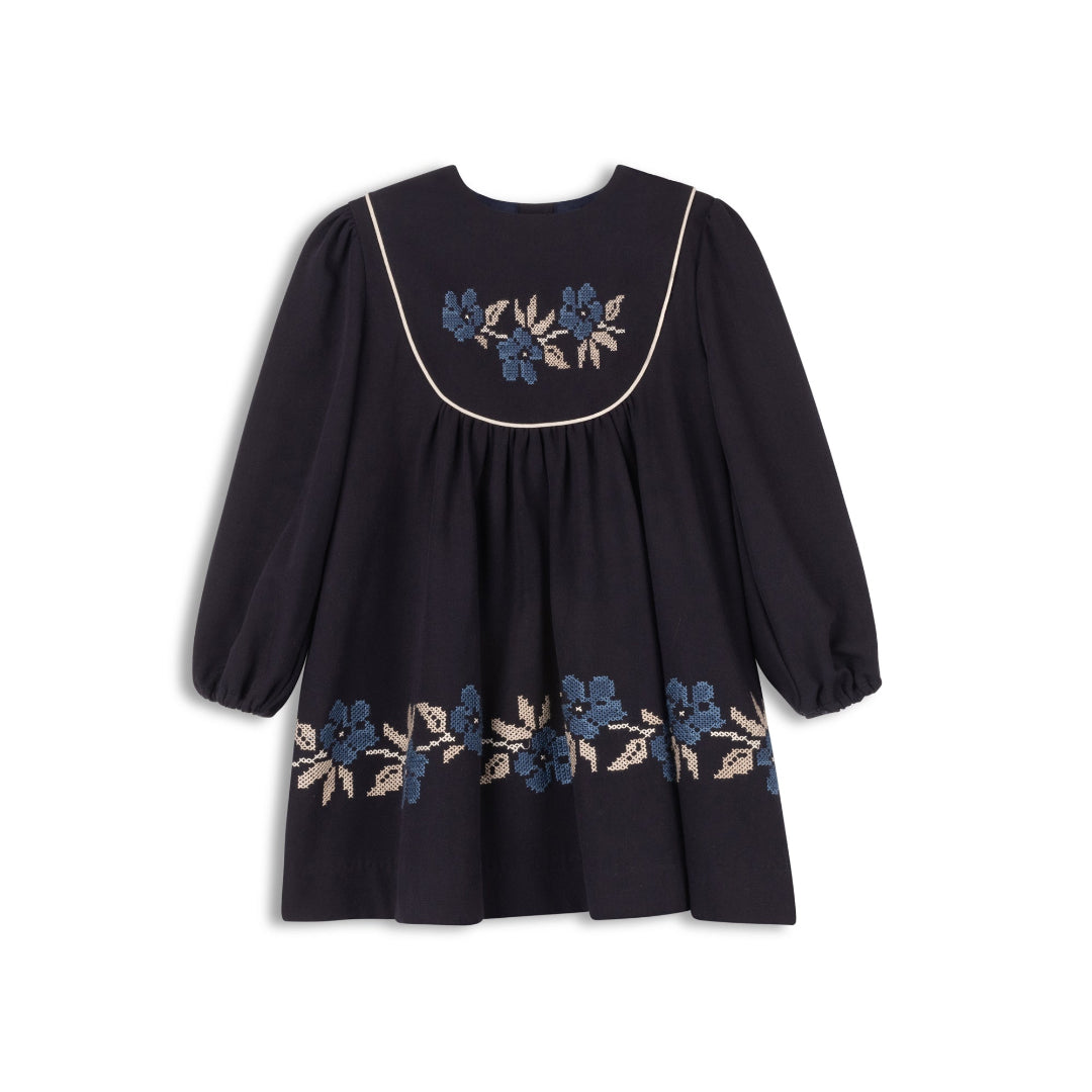 Navy Stitch Embroidered Wool Collection Dress