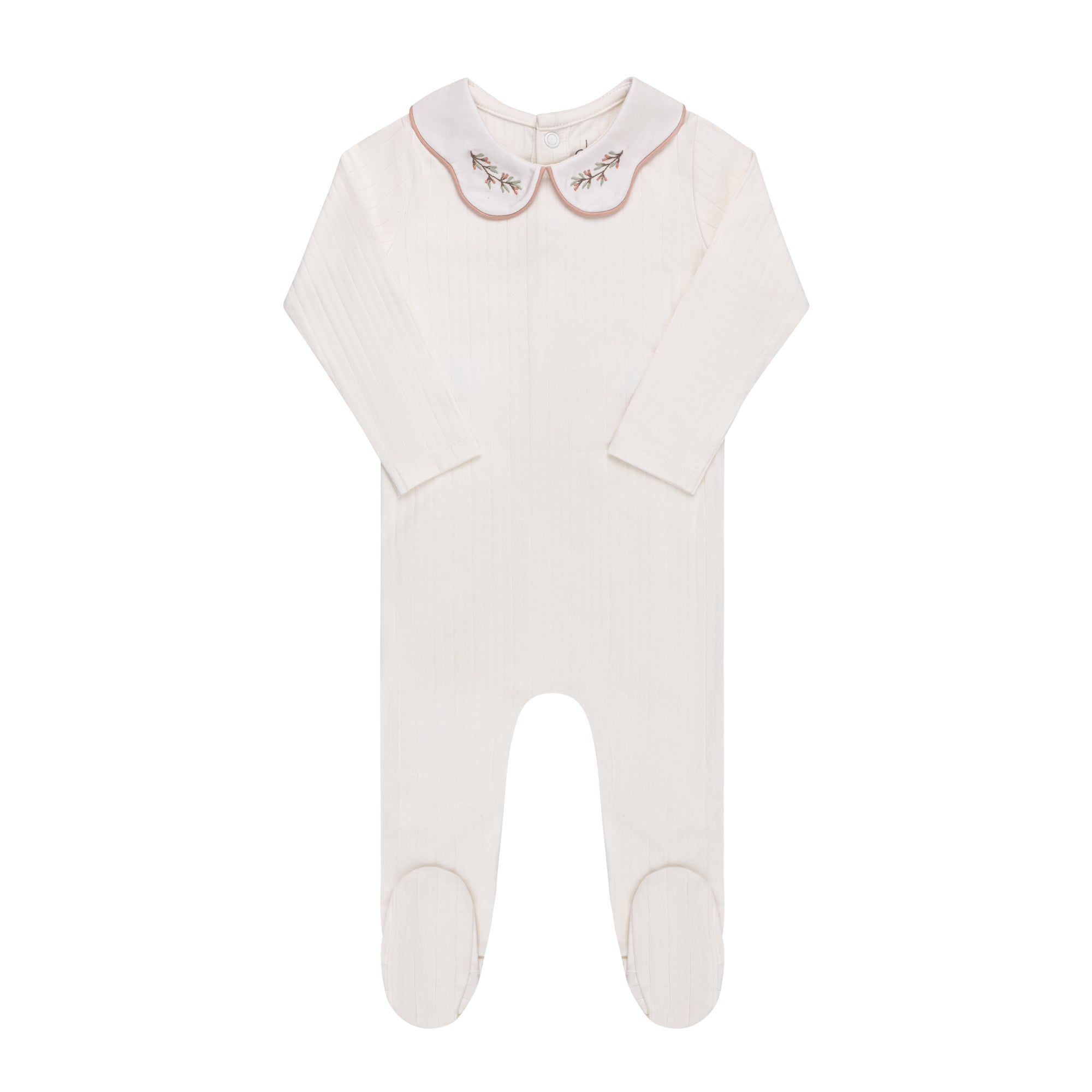 Ivroy/ Pink Organic Cotton Wide Rib Embroidered Collar Footie