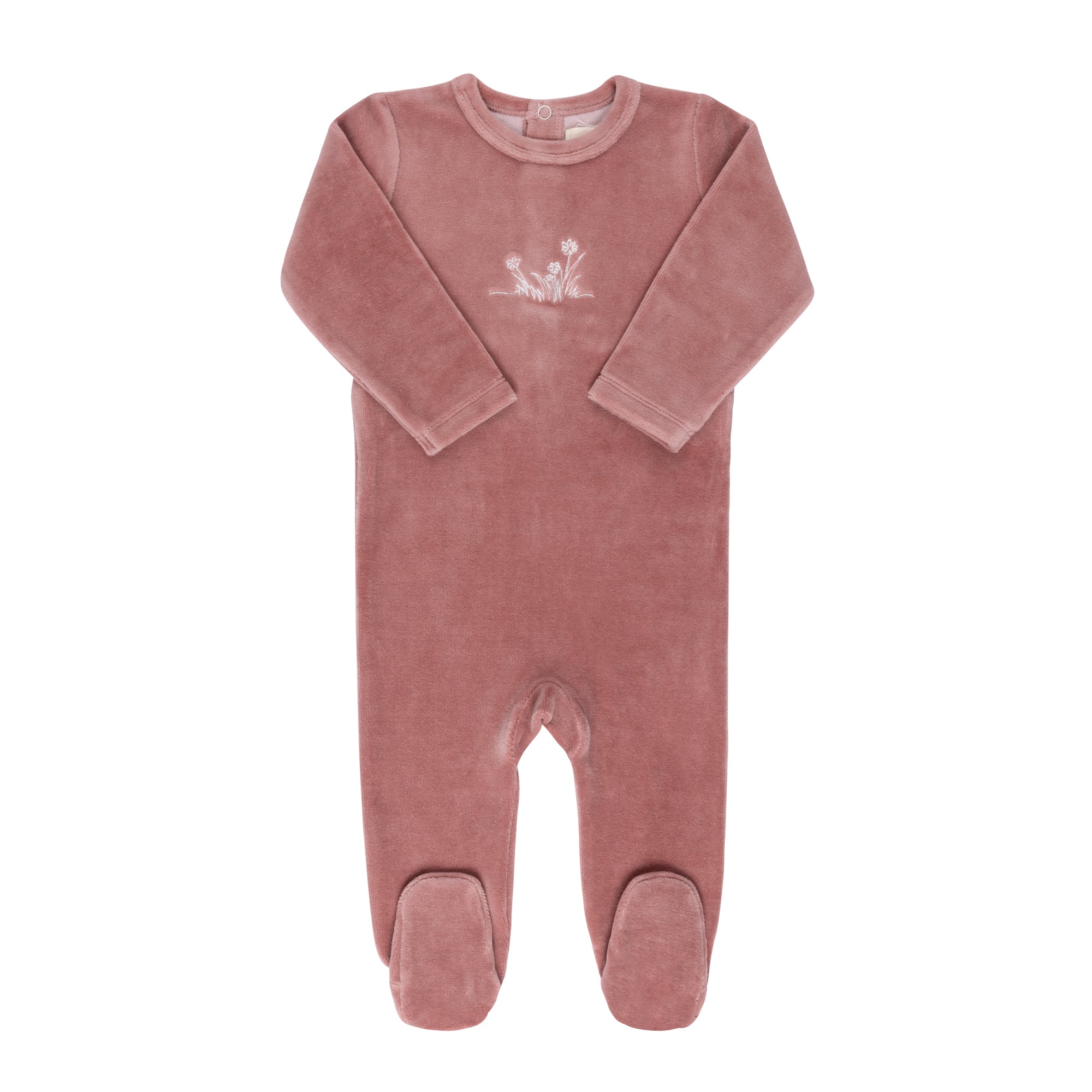 Pink Velour Embroidered Flowers Footie