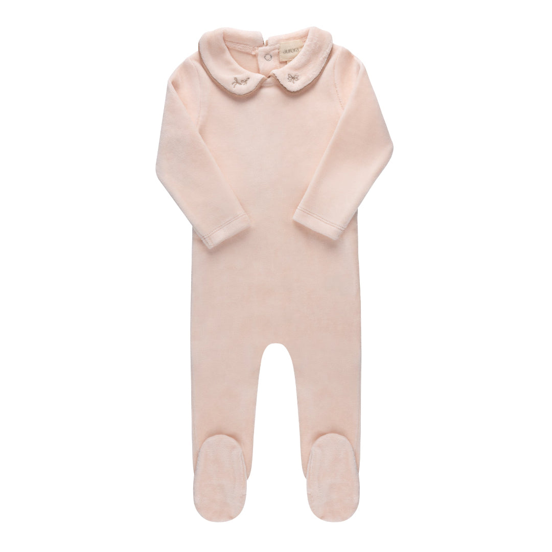 Pink Embroidered Velour Collar Collection Footie + Bonnet