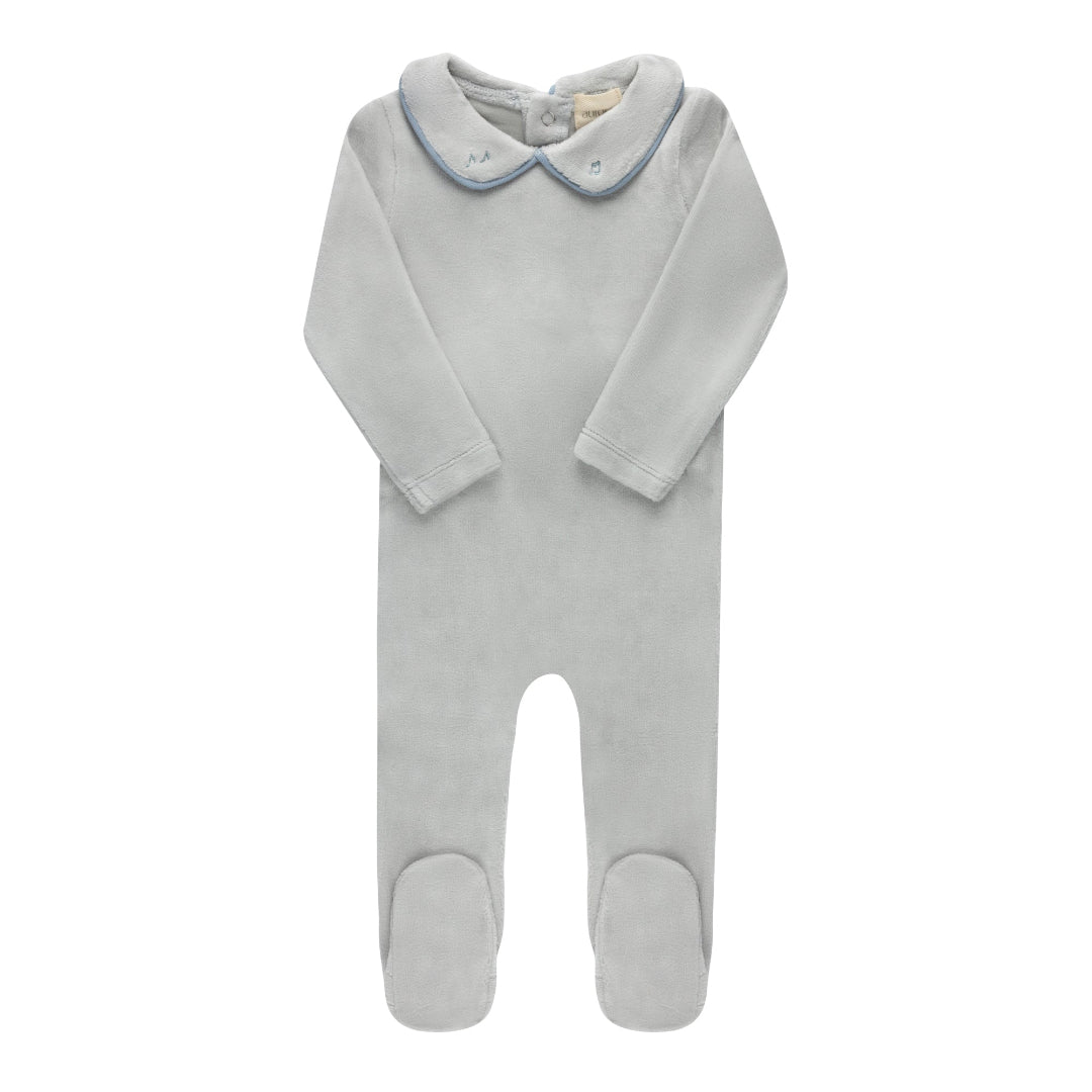Blue Embroidered Velour Collar Collection Footie +Bonnet