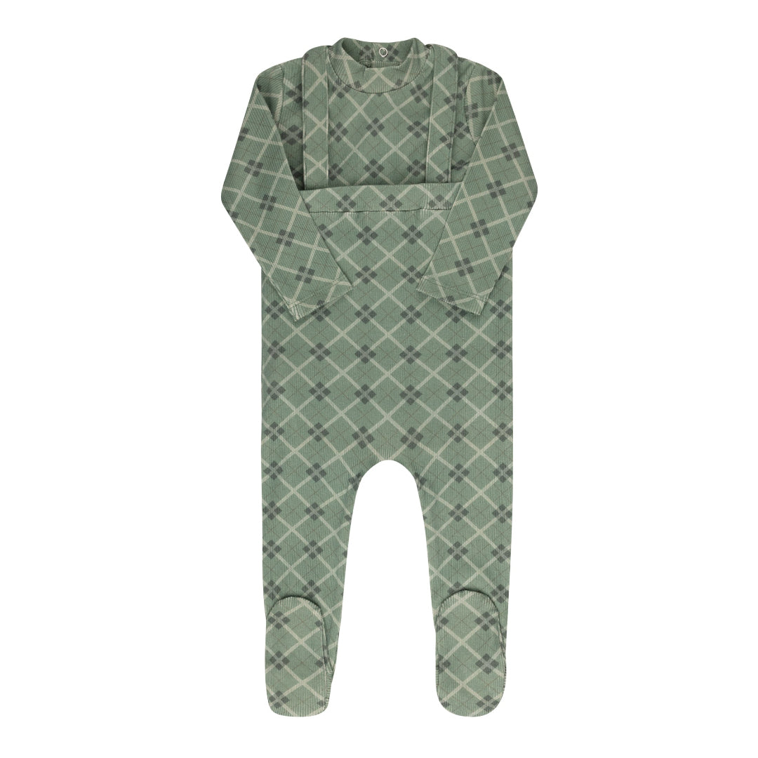 Green Cotton Plaid Print Bodysuit And Overalls