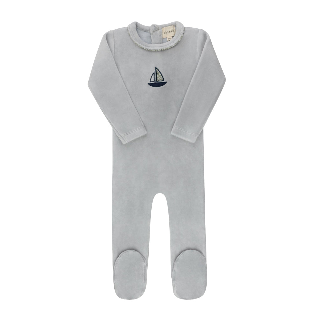 Blue Embroidered Liberty / Berry Collection Velour Footie