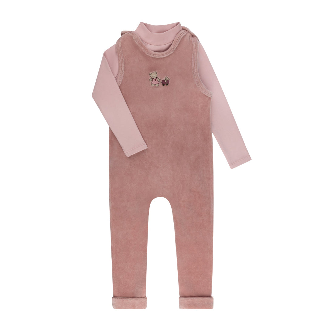 Pink Embroidered Bear Collection Mockneck Bodysuit & Overall