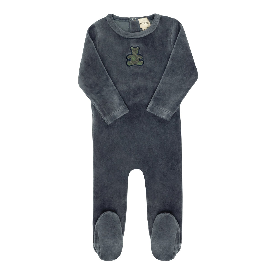 Blue Velour Plaid Bear Collection Footie