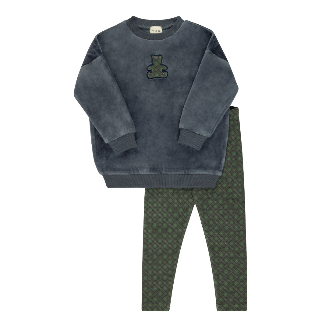 Blue Velour Plaid Bear Collection Sweatshirt And Leggings