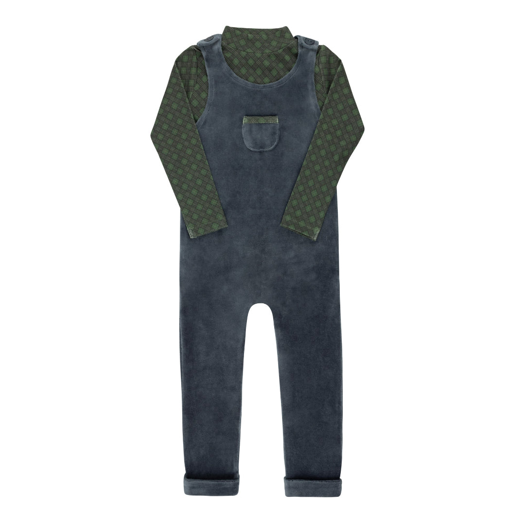 Blue Velour Plaid Bear Collection Overalls And Turtleneck