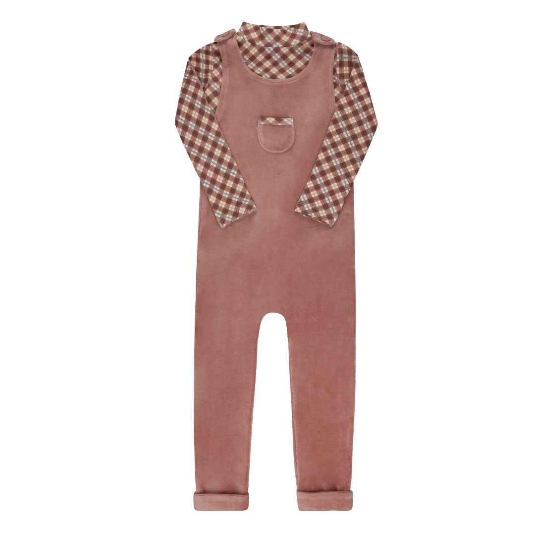 Pink Velour Plaid Bear Collection Overalls And Turtleneck