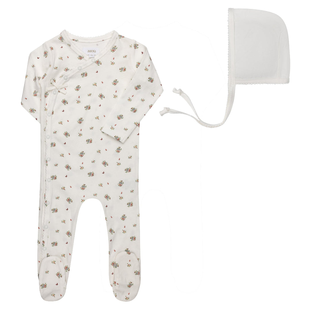 Ivory/Pink Jersey Cotton Floral Print Collection Footie + Bonnet