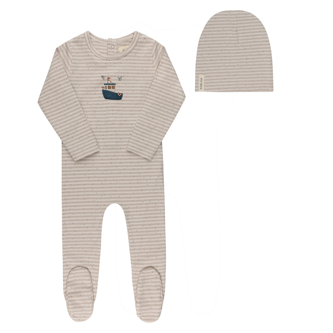Tan Nautical Stripe Collection Footie + Beanie