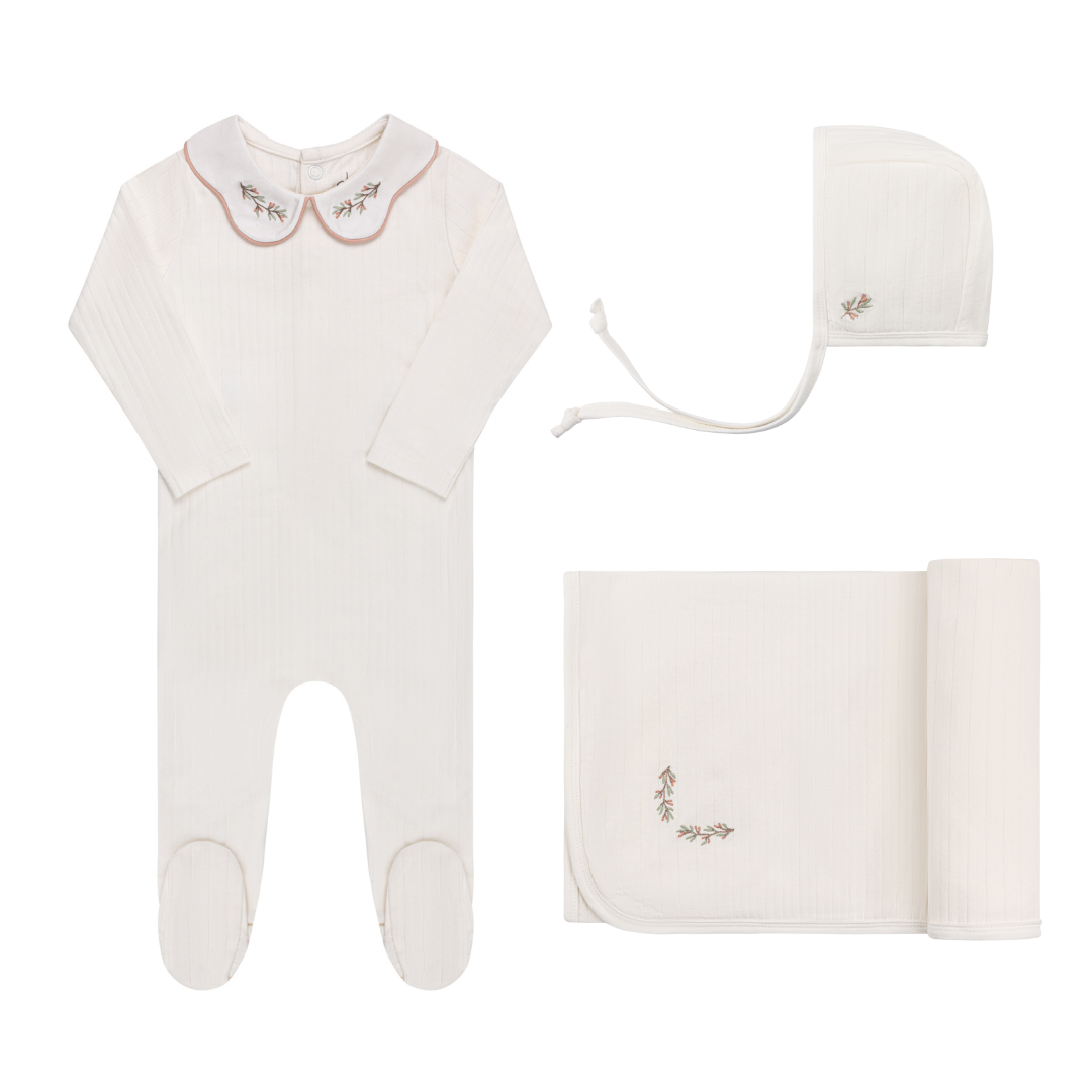 Ivory/Pink Organic Cotton Rib Embroidered Collar Layette Set