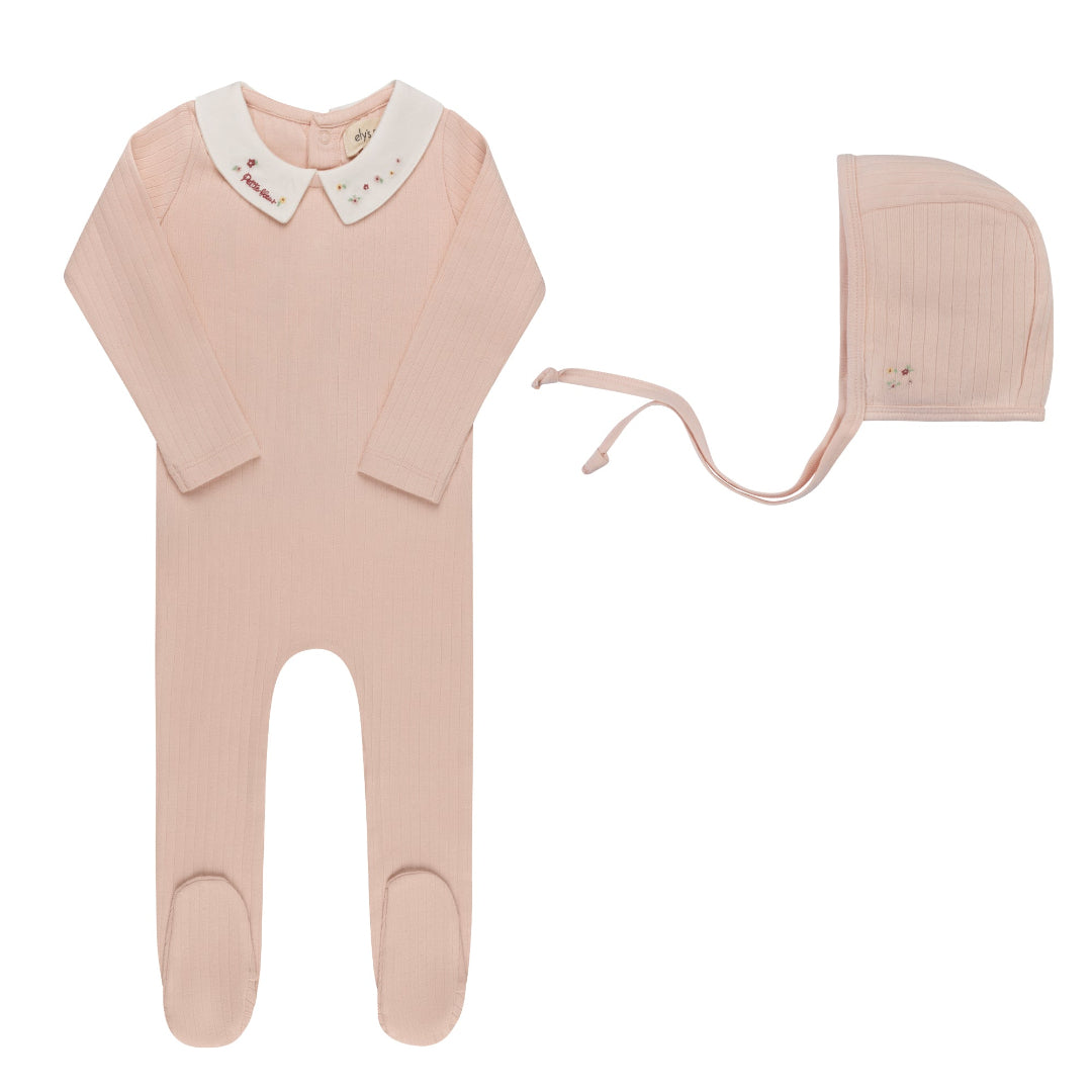 Pink Floral Star Embroidered Collar Collection Footie + Bonnet