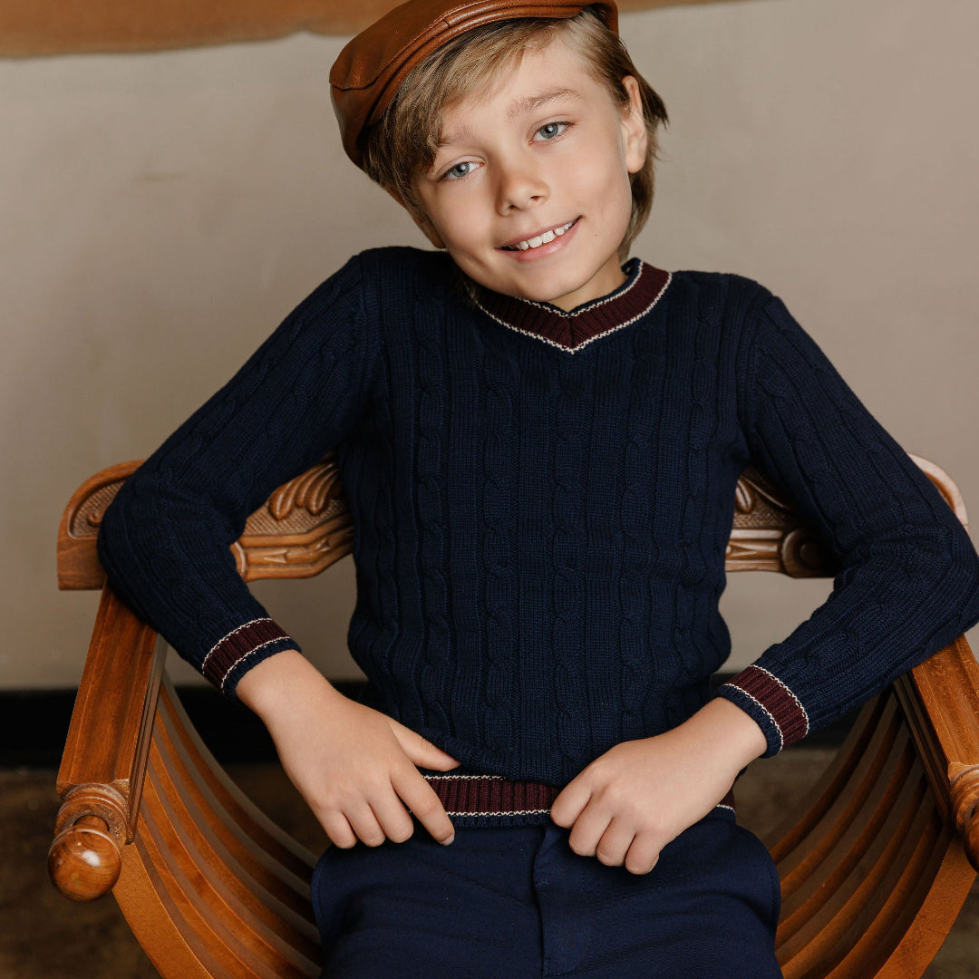 Navy/Wine Cable Knit Boys Collection Sweater