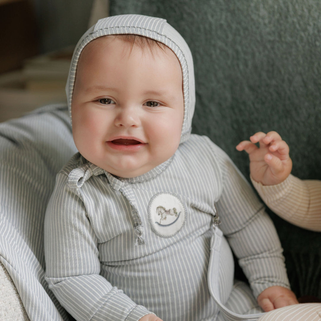 Blue Rocking Horse Footie + Bonnet