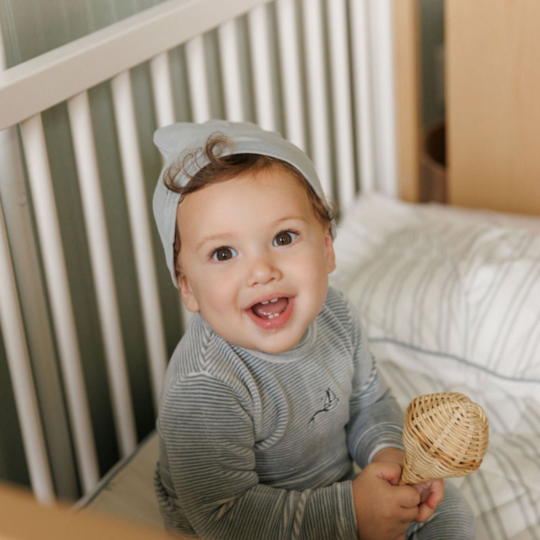 Light Blue Velour Striped Collection Footie + Beanie