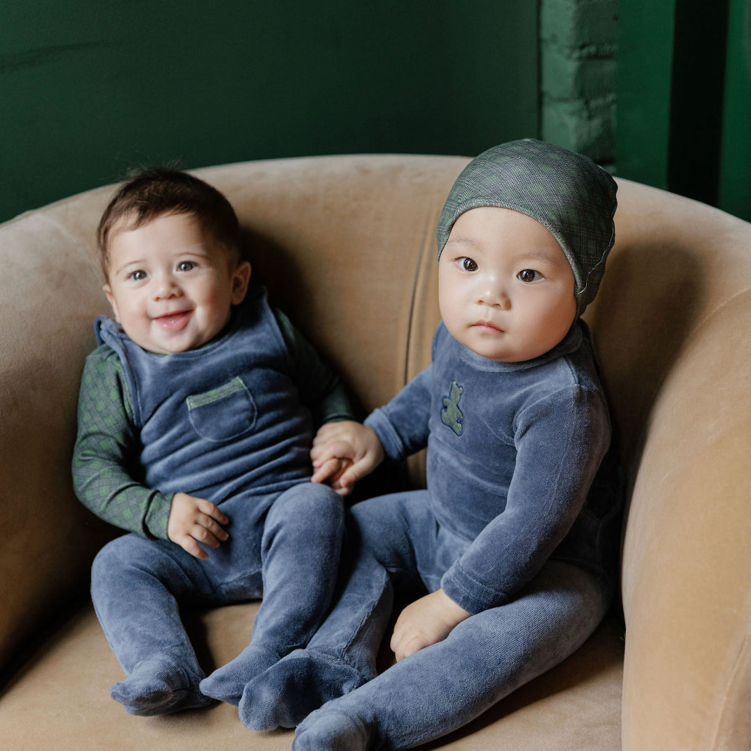Blue Velour Plaid Bear Collection Footie