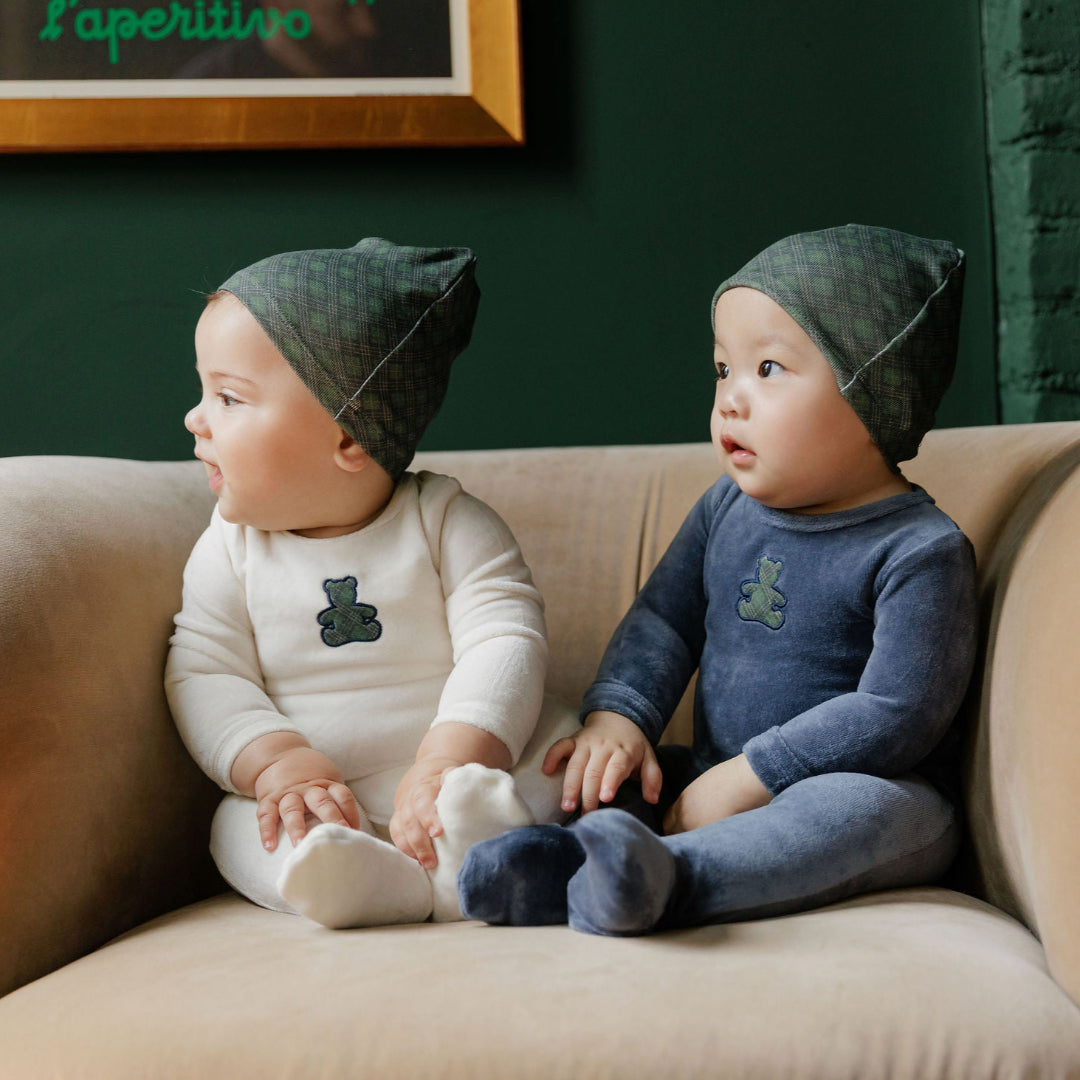 Ivory Velour Plaid Bear Collection Footie + Beanie Boy