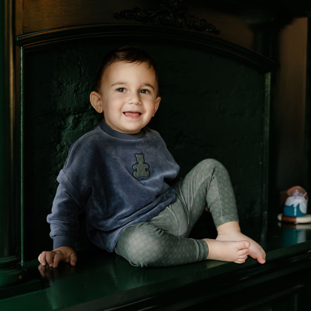 Blue Velour Plaid Bear Collection Sweatshirt And Leggings