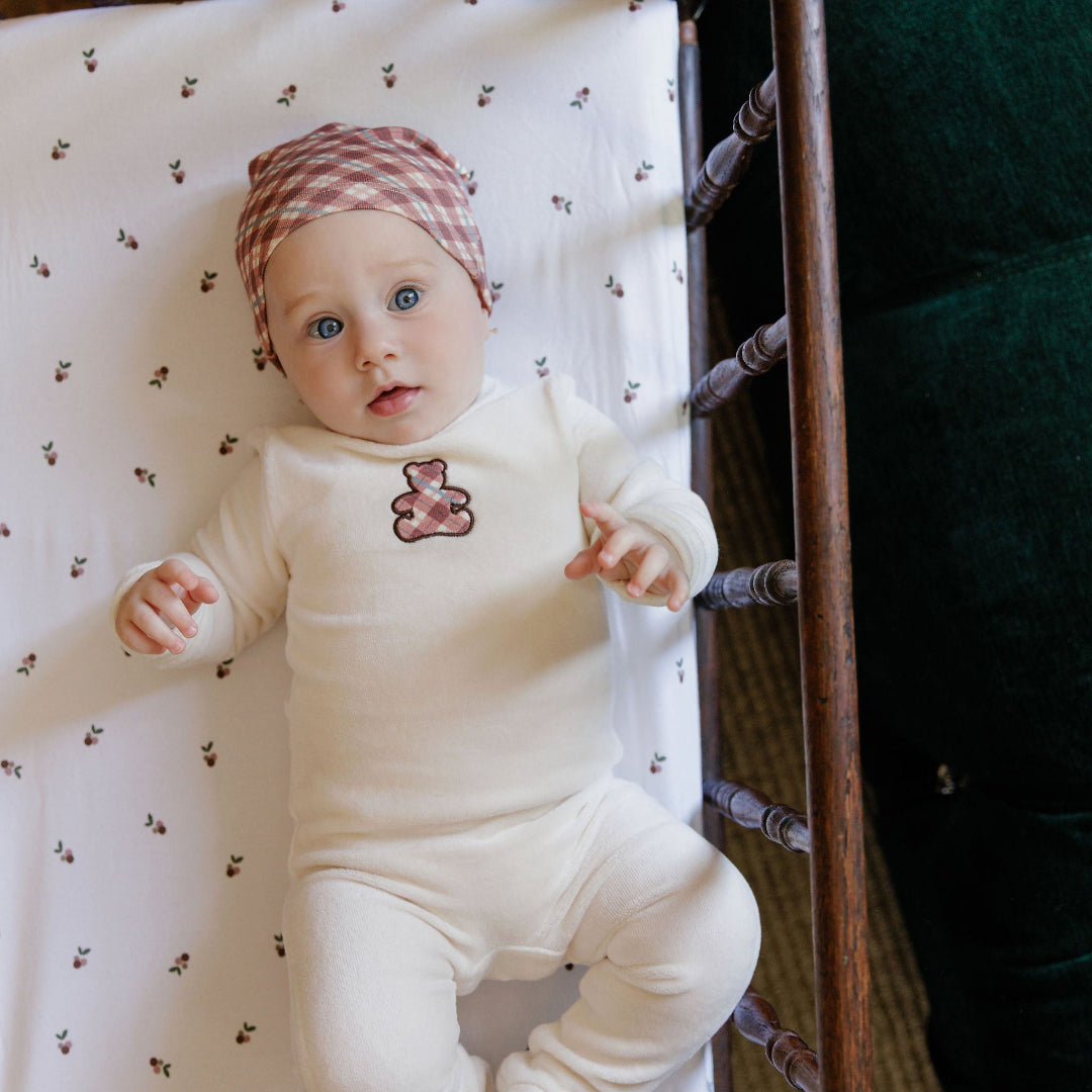 Ivory/Pink Velour Plaid Bear Collection Footie+Beanie