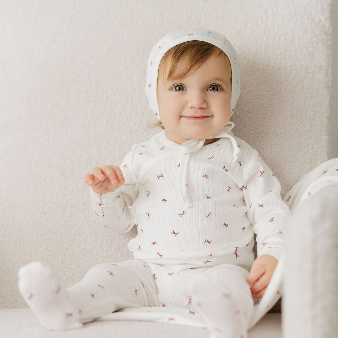 Ivory/Red Bow Pattern Collection Footie + Bonnet