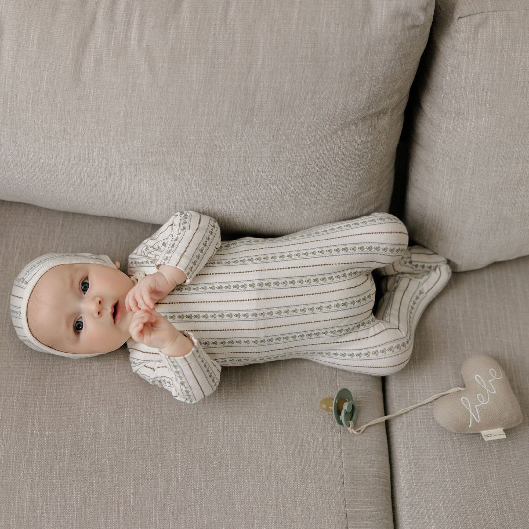 Ivory Blue Jersey Cotton Linear Tulip Footie + Bonnet