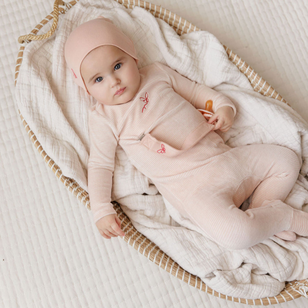 Light Pink Velour Striped Collection Footie + Beanie