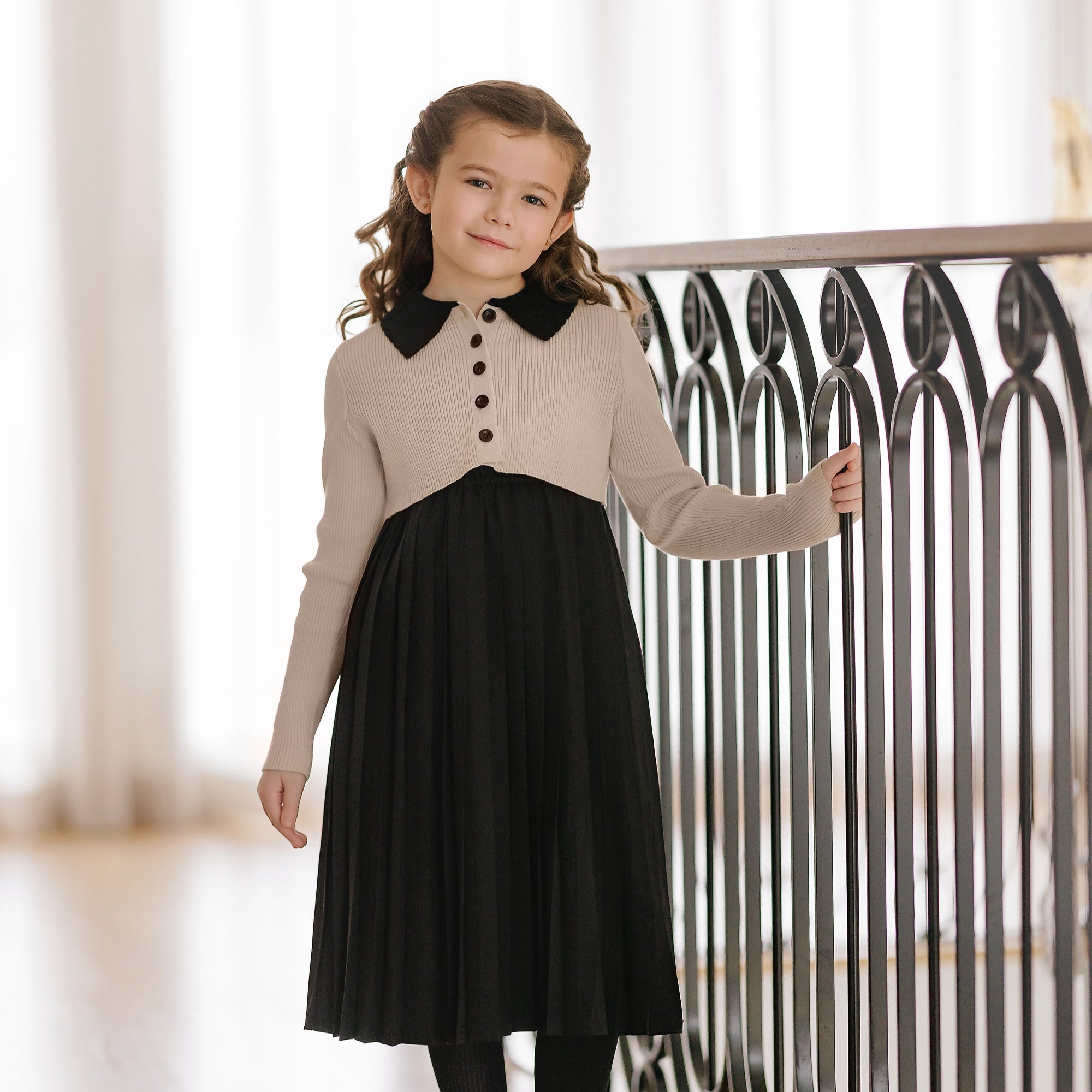 Black Pleated Jumper W/ Tan Collar Sweater