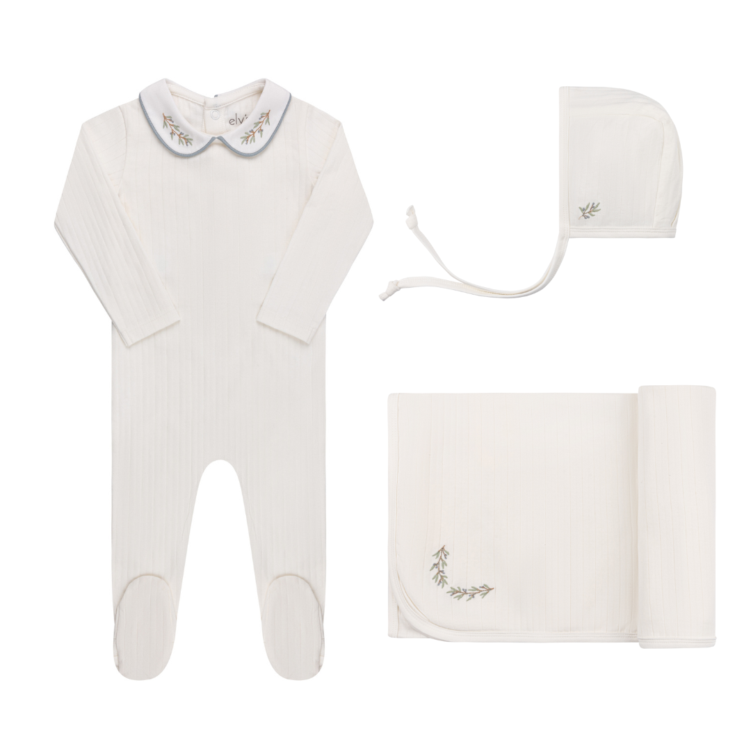 Ivory/ Blue Organic Cotton Wide Rib Embroidered Collar Layette Set