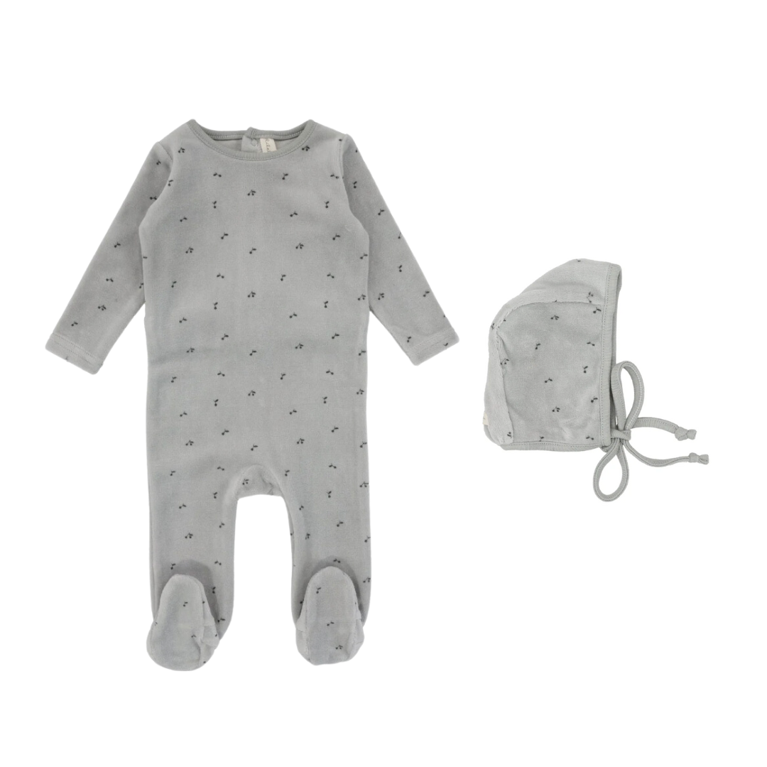 Light Blue Velour Scattered Cherry Footie Set