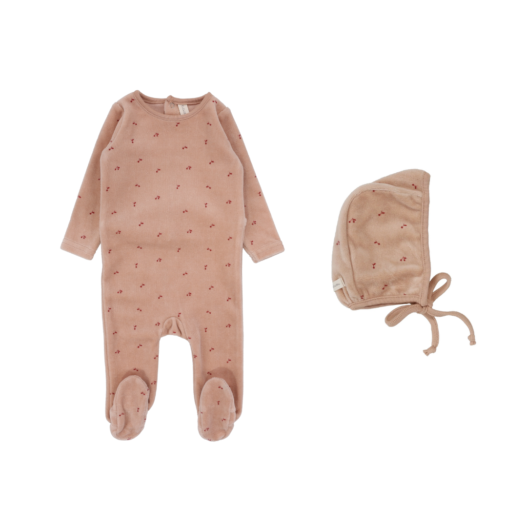 Pink Velour Scattered Cherry Footie Set