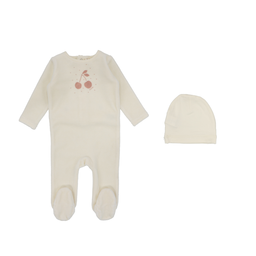 Ivory/ Apricot Graphic Cherry Velour Cherry Footie Set