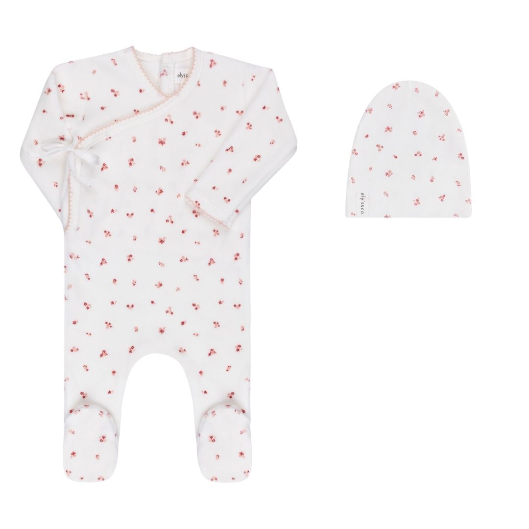 Ivory/ Pink Velour Cluster Flower Footie Set