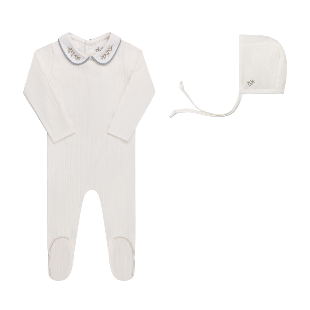 Ivory/ Blue Organic Cotton Wide Rib Embroidered Collar Footie Set