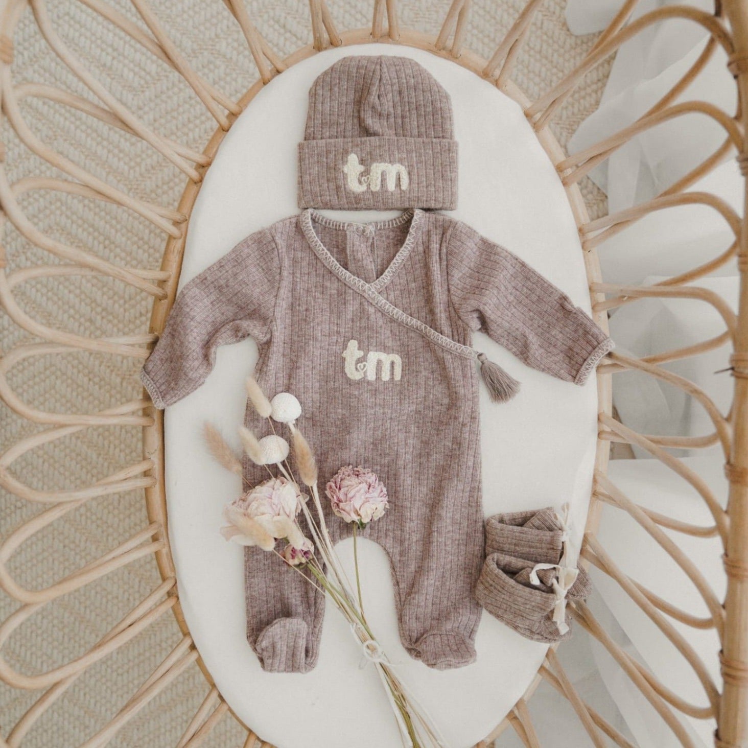 Taupe Baby's First Outfit Footie & Bonnet Set
