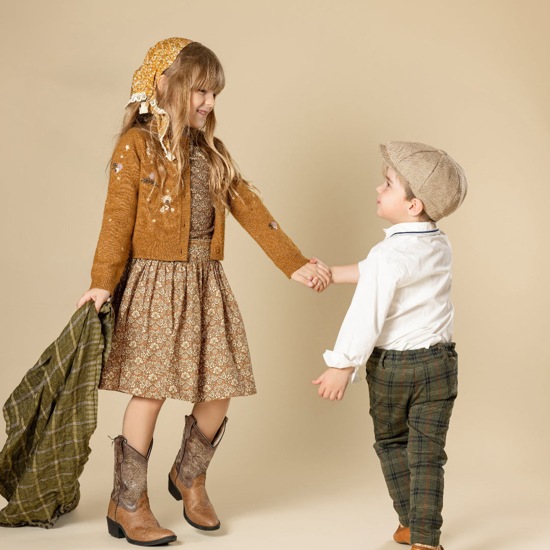 Camel Harry Embroidered Beaded Knit Cardigan + Floral Printed Skirt