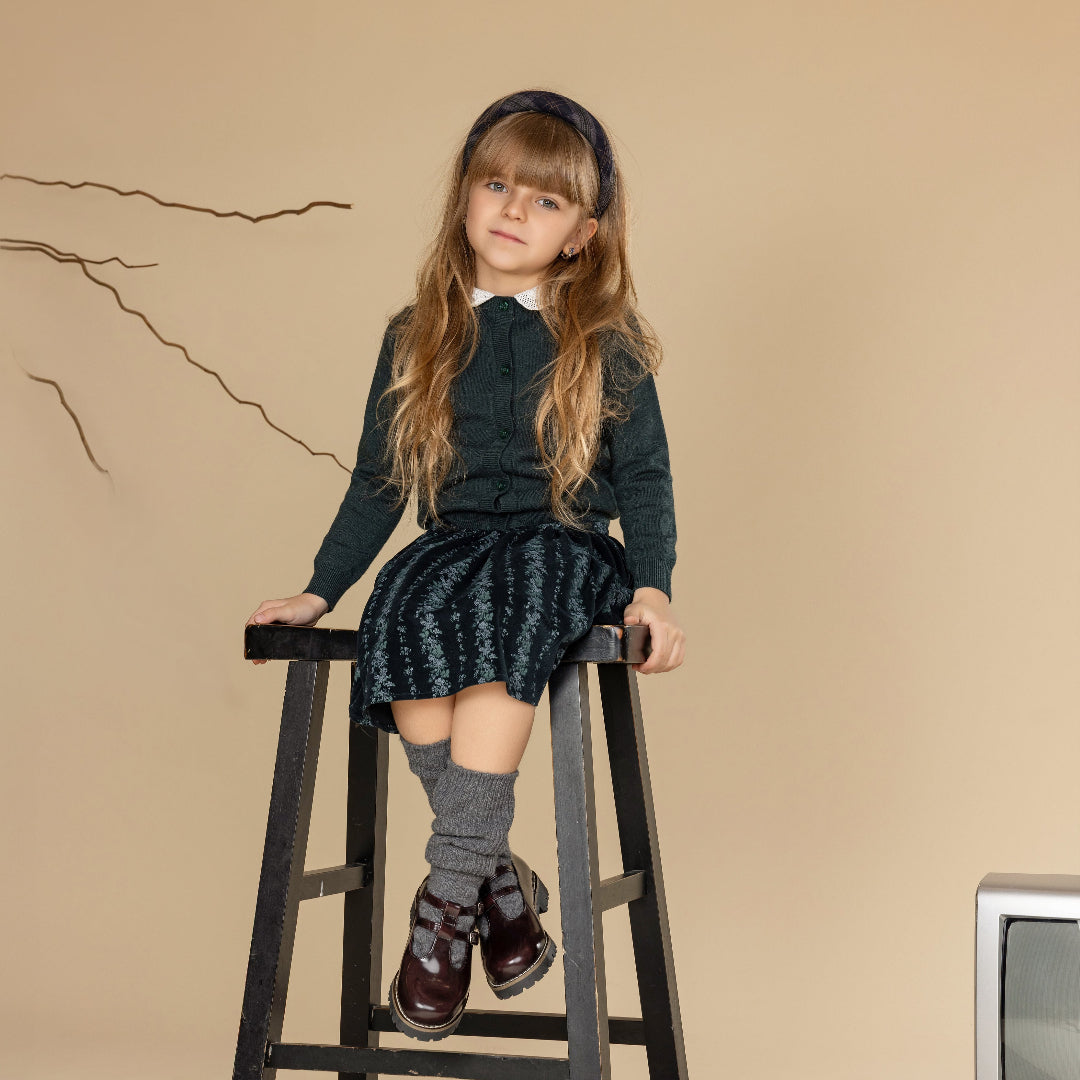 Teal Green Diana Ruffle Collar Cardigan + Velour Floral Skirt