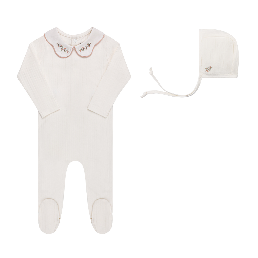 Ivory/Pink Organic Cotton Wide Rib Embroidered Collar Footie Set