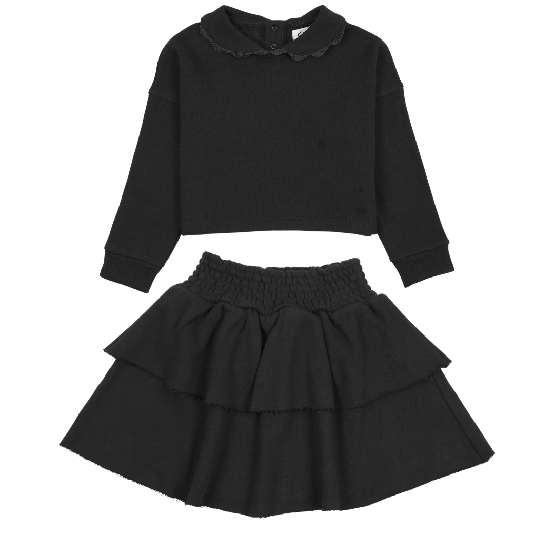Black Lace Edge Collar Sweatshirt + Skirt Set
