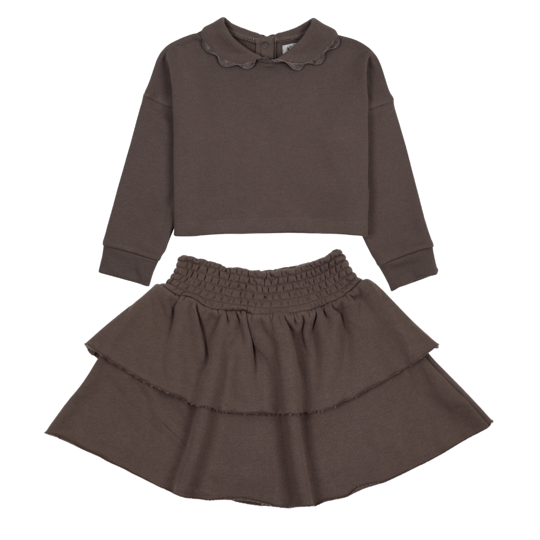 Chestnut Lace Edge Collar Sweatshirt + Skirt Set