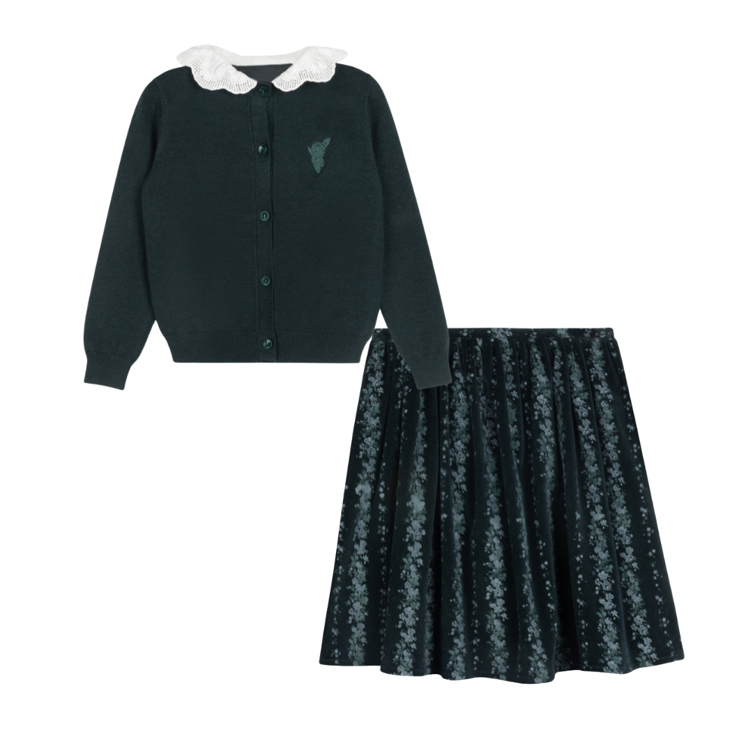 Teal Green Diana Ruffle Collar Cardigan + Velour Floral Skirt