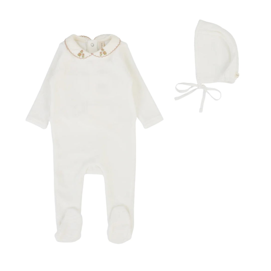 Cream/Pink Velour Collar Footie Set