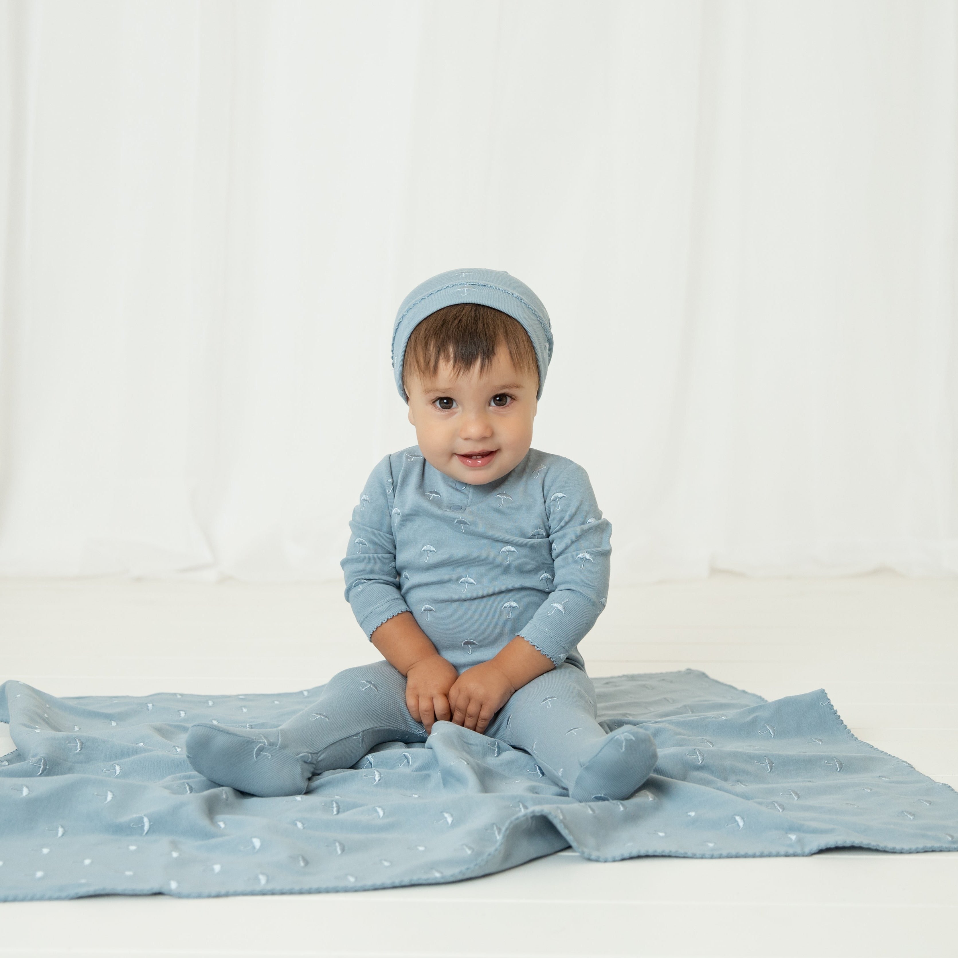 Medium Blue All Over Embroidered Footie & Beanie Set