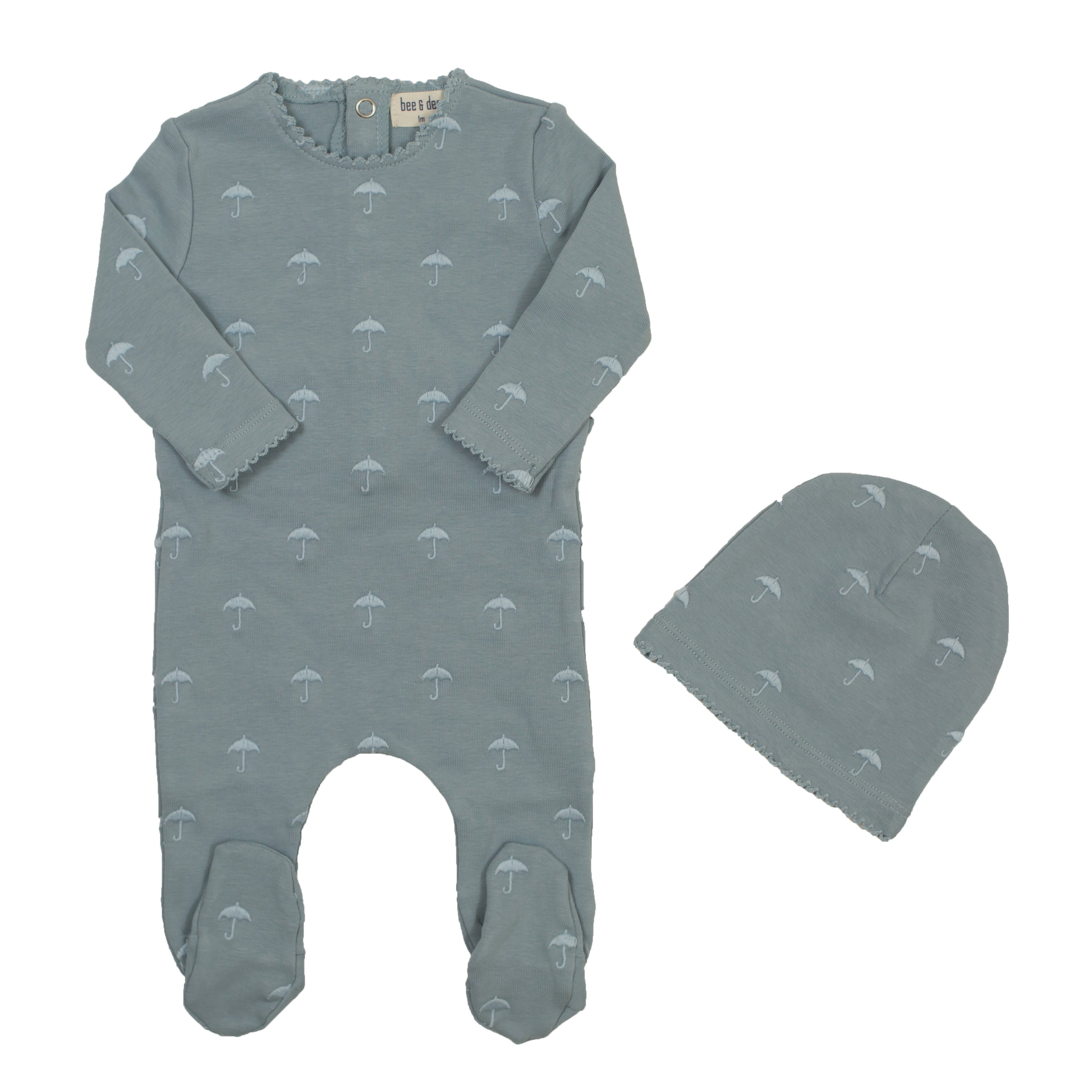 Medium Blue All Over Embroidered Footie & Beanie Set