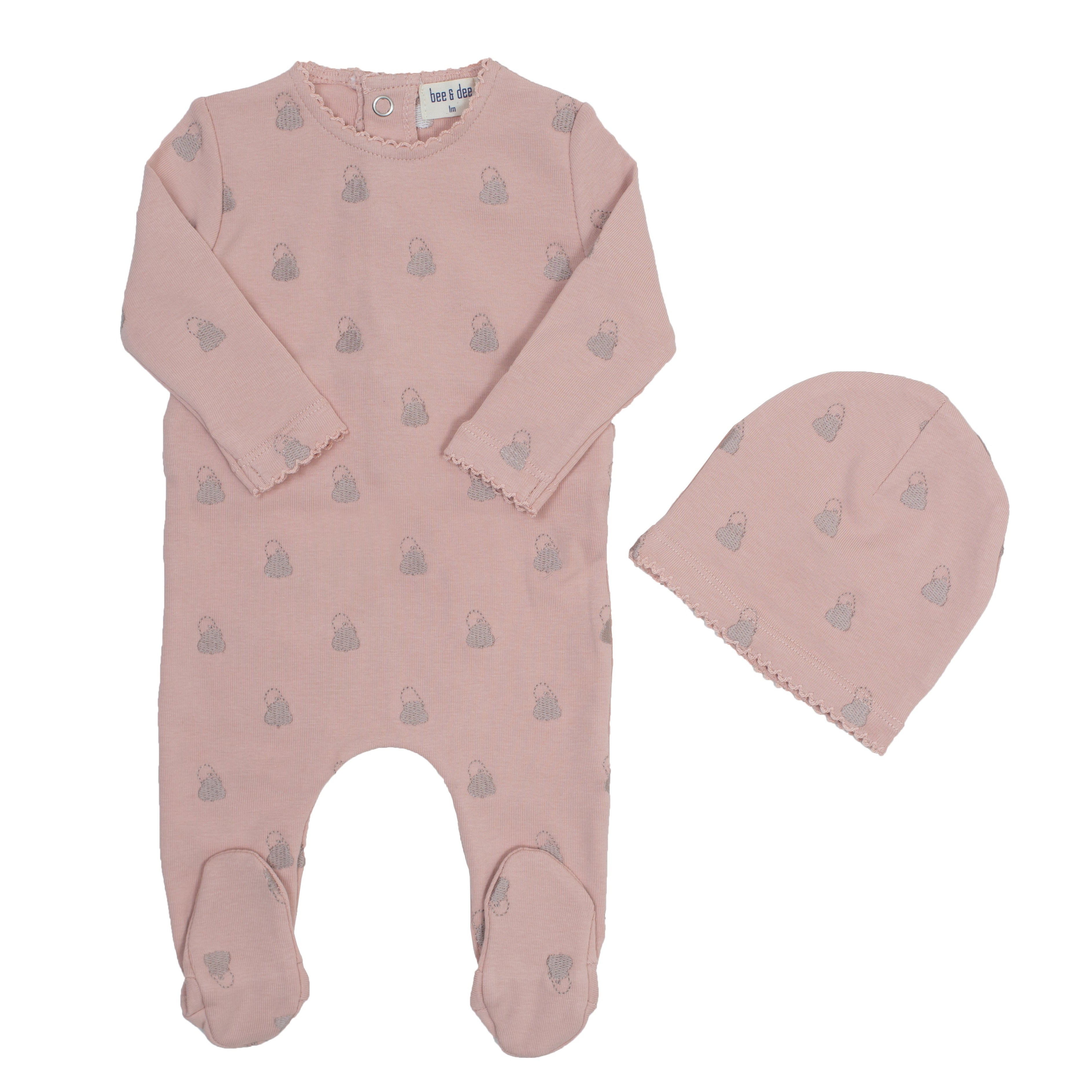 Petal Pink All Over Embroidered Footie & Beanie Set