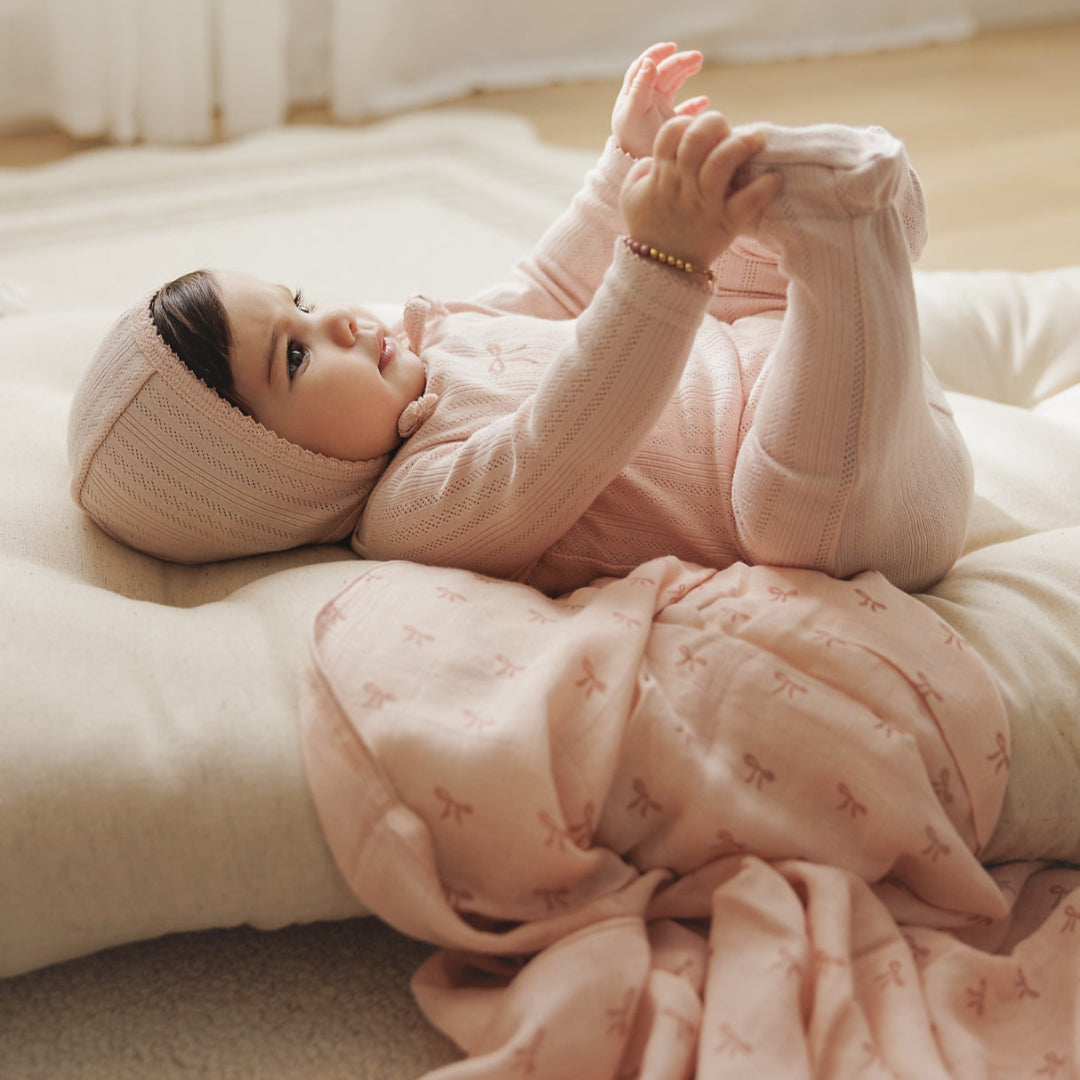 Soft Pink Pointelle Bow Graphic Footie Set