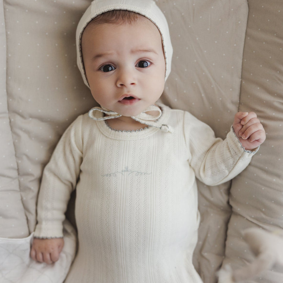 Cream/Blue Pointelle Crown Graphic Footie Set