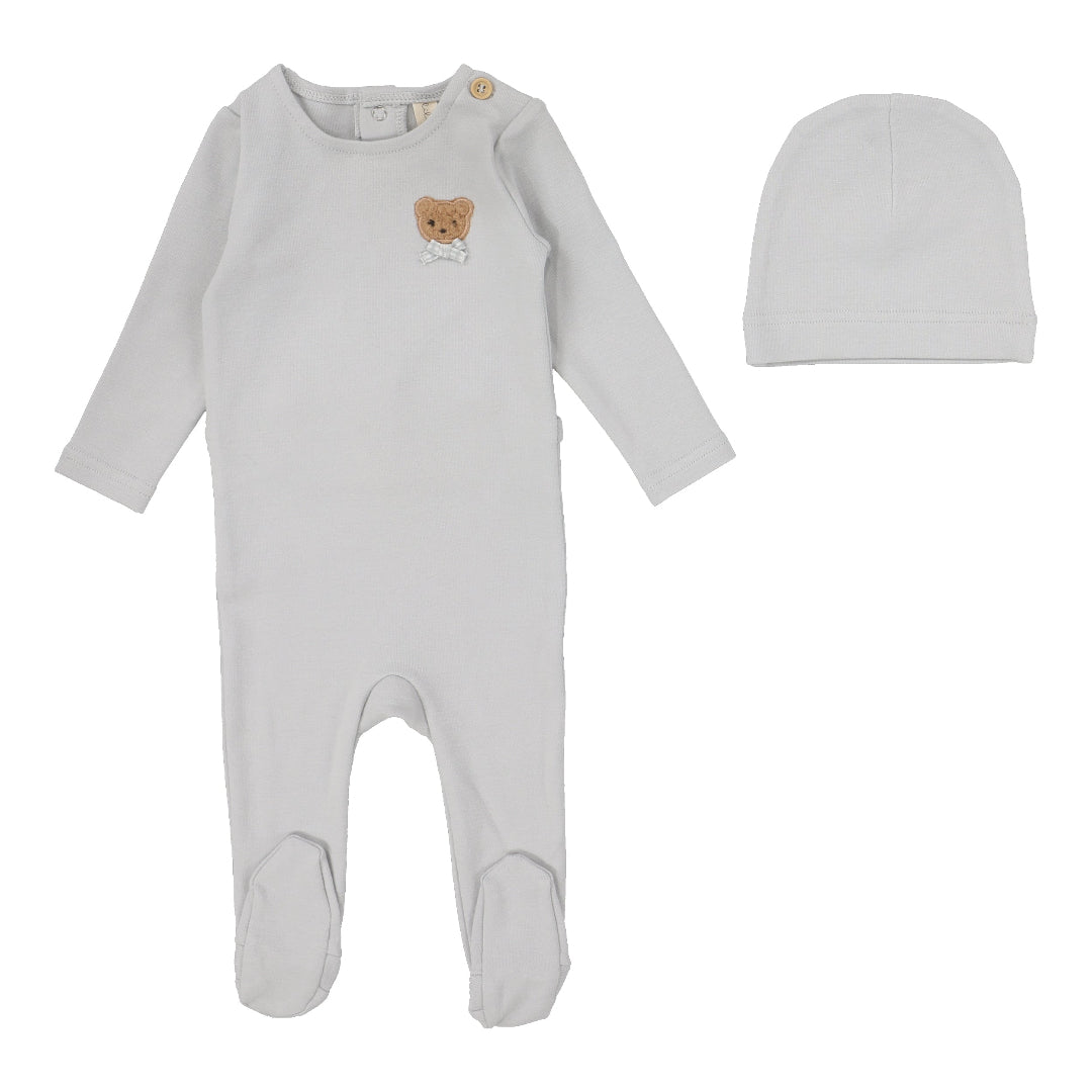 Pale Blue Bear Appliqué Footie Set