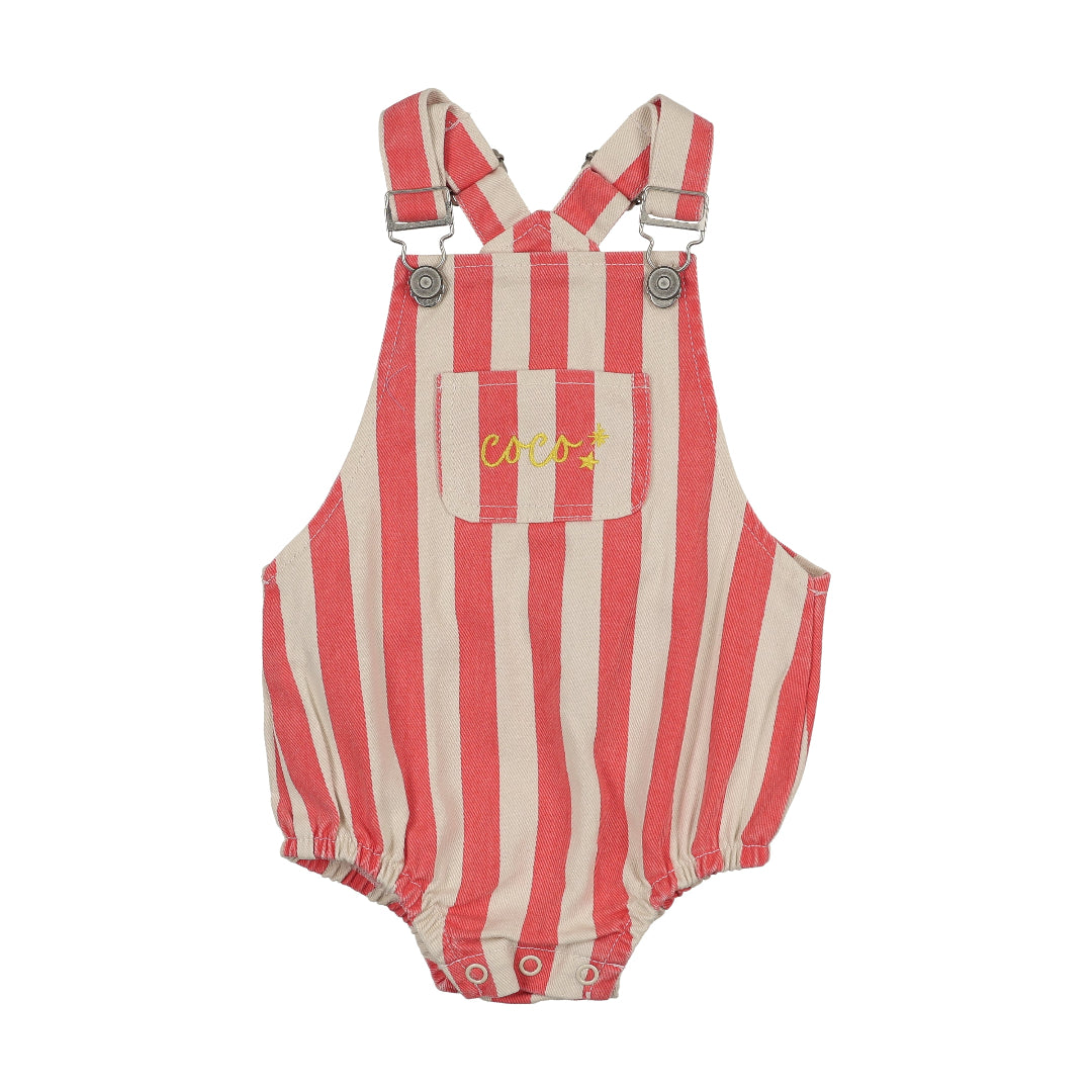 Coral Striped Short Overalls