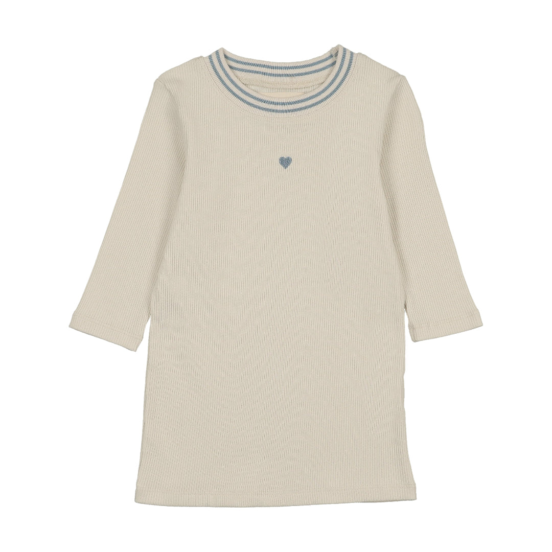 Light Blue Denim Trim Ribbed Neck 3/4 Sleeve T-Shirt